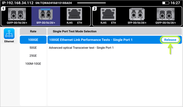 VeEX MTX642 screenshot showing the Test Mode release button to terminate the current Test Application