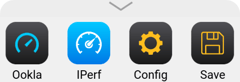 Test application menu (swipe up to display it) for Ethernet & WiFi, with iPerf speed test selected 