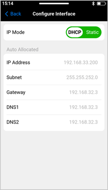 VeEX PX90 test interface IP configuration page, in DHCP mode