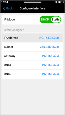 VeEX PX90 test interface IP configuration page, in Static IP mode
