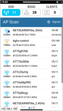 VeEX PX90 Wi-Fi Scan results page