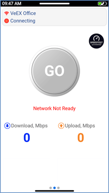 VeEX PX90 Wi-Fi Speed Test page, before measurement is started (Not Ready)