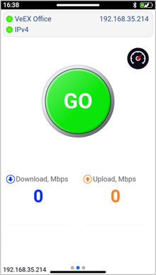 VeEX PX90 main iPerf3 speed test page, idle and ready)