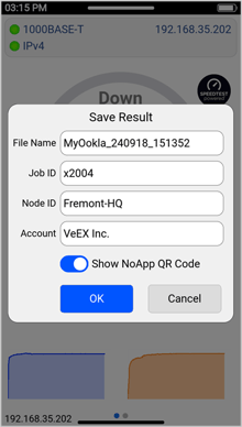 VeEX PX90 NoApp QR Code generation enabled in the Save Results pop-up