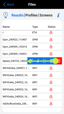 VeEX PX90 File Manager screen, selecting a file and swiping left to access the single file Edit functions