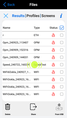 On the VeEX PX90 File Manager, touch and hold, to access the multi-file functions