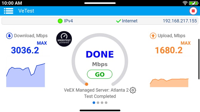 Good speed test performance results from a 3 Gbps service.