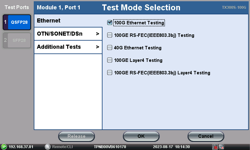 RTU modules' Test port, technology and test mode selection menu.