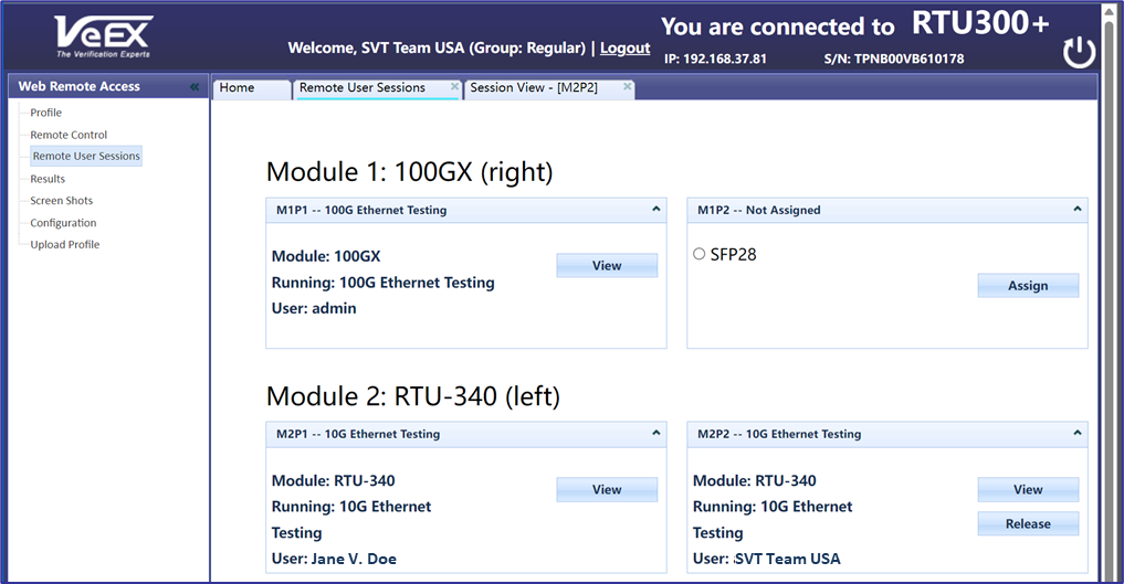 RTU-300+ Remote User Sessions management screen.