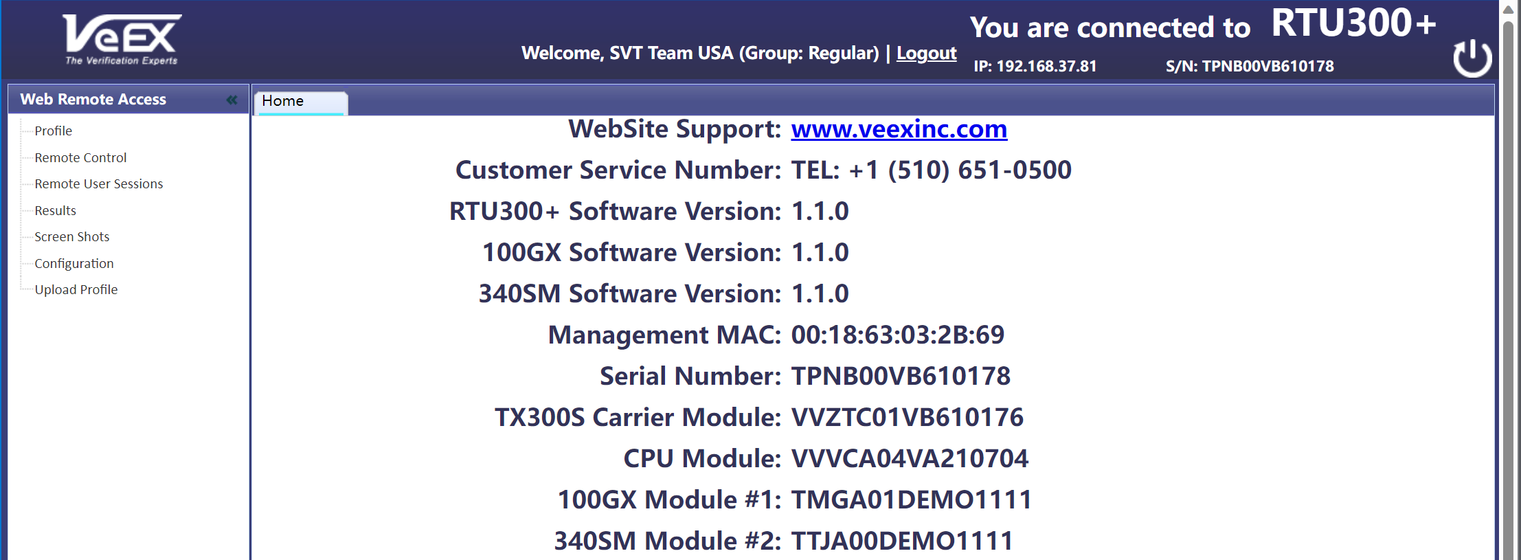 RTU-300+ software versions displayed on the Home page of the Web Remote Access.