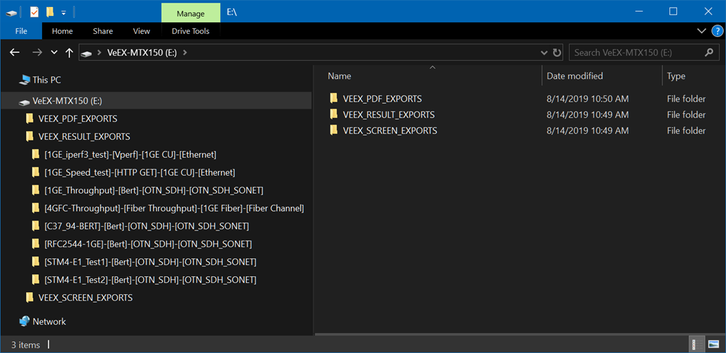 File Manager window on a PC displaying the content of the test set's shared storage.