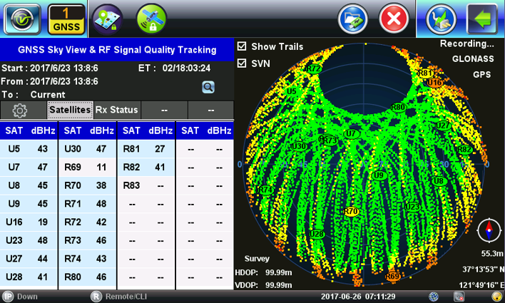 Sample screenshot of the MTTplus SkyView GNSS antenna installation verification test feature