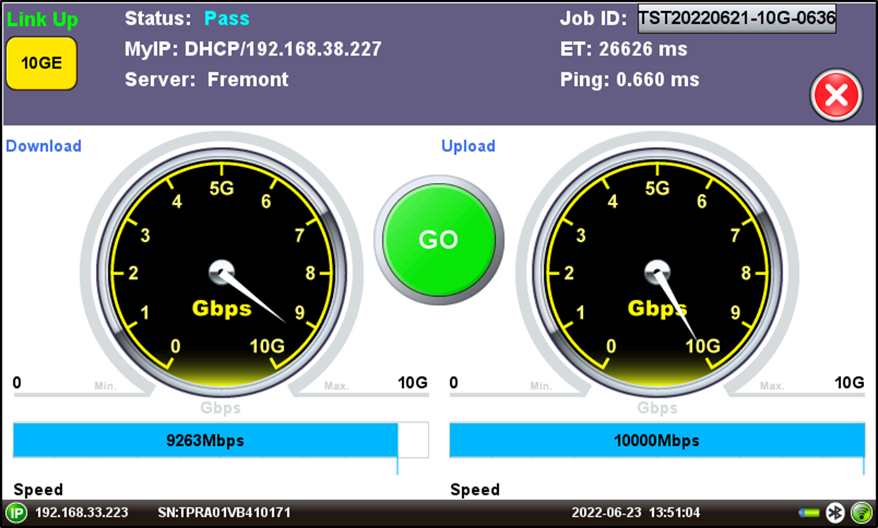 Speed test results of a 10 Gbit/s service, requires 10G capable hardware.