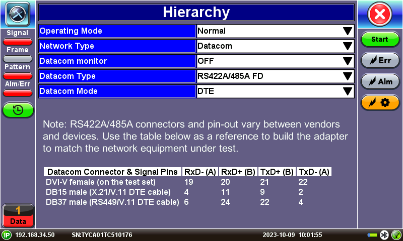 VeEX MTX150 Datacom configuration screen, showing the signal pin-out for RS422A and RS485A asynchronous interfaces.