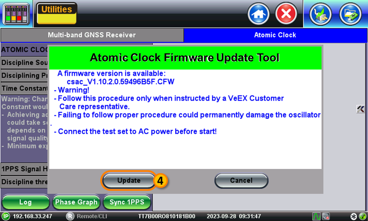 Chip scale atomic clock firmware update confirmation pop-up message