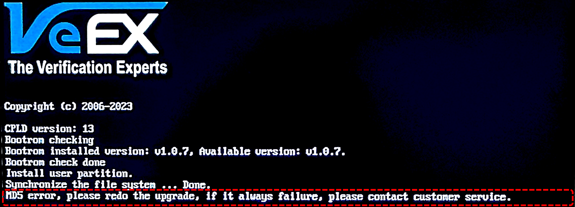 MD5 error message during the platform software update, due to not enough memory